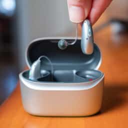 Close up of rechargeable hearing aids in their charger case. A hand lifts one up to show it off.